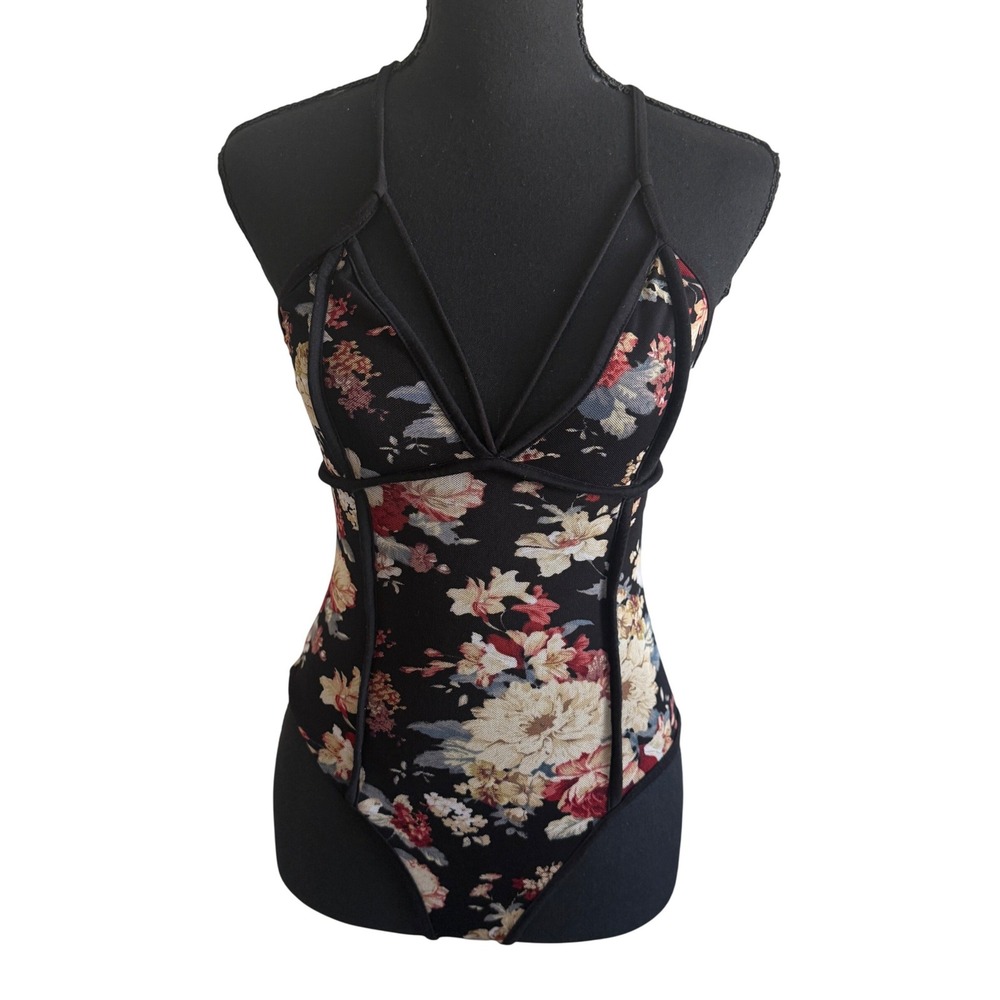 Womens Fairy Grunge Whimsigoth Dark Floral Mesh Sheer Babydoll Bodysuit Size S